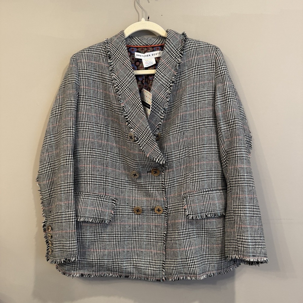 Gretchen Scott Black And White Plaid Blazer Double Breasted Frayed Preppy Mediu